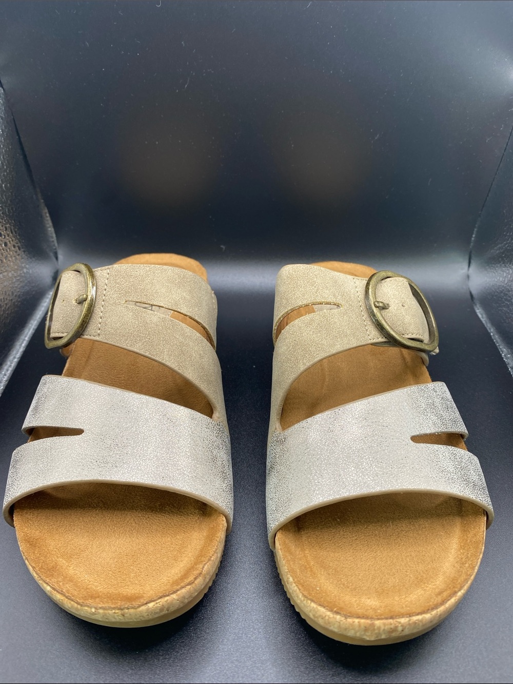 Women’s Metallic Champagne Slide Sandals with Decorative Buckle